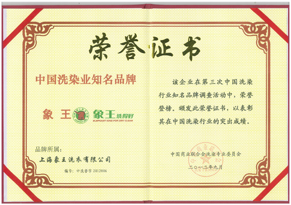 中國(guó)洗染業(yè)知名品牌榮譽(yù)證書(shū)